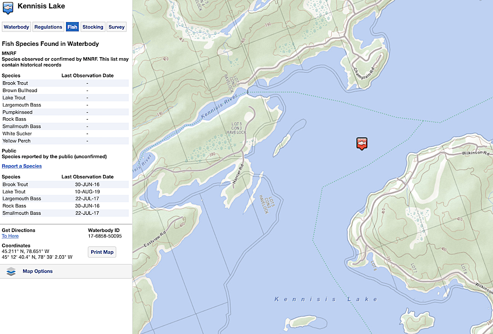 MNR Fishing Map on Kennisis Lake